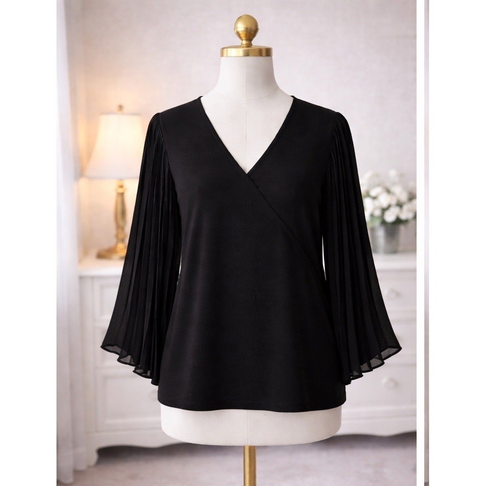 J. Jill Wearever Collection Pleated Wide Bell Sleeve Popover Top Black Size S